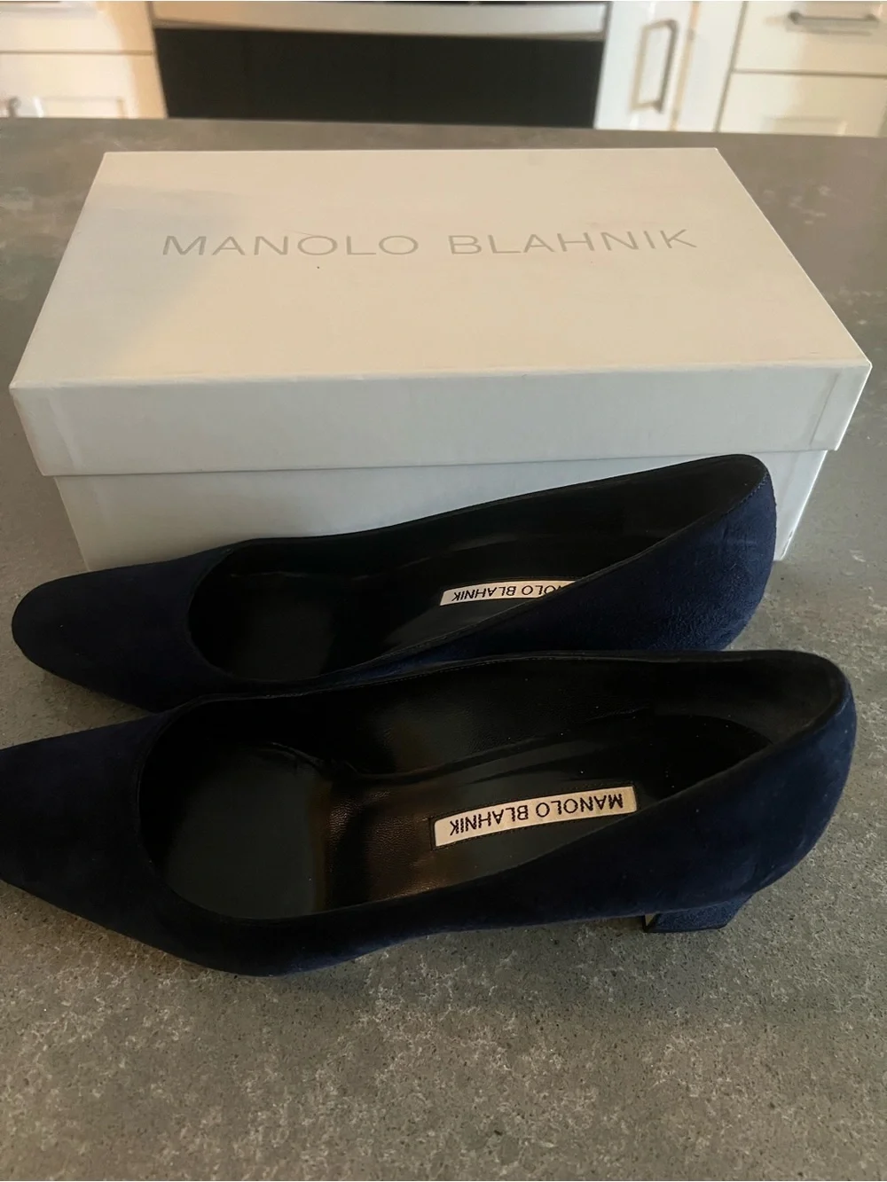 Manolo Blahnik Navy Suede Ballet Flats